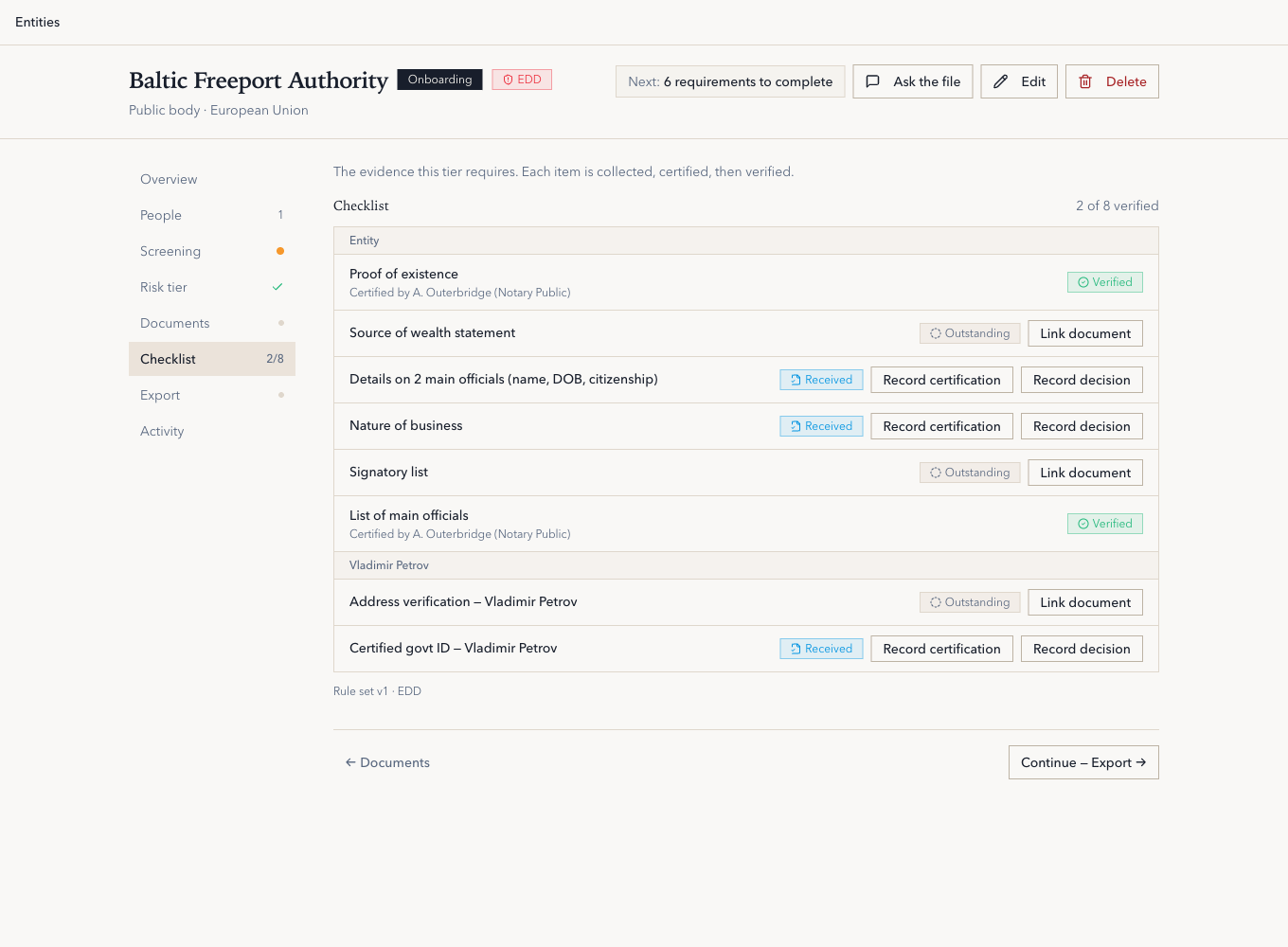 Entity case file in onboarding: enhanced due diligence tier, evidence checklist with verified and outstanding items
